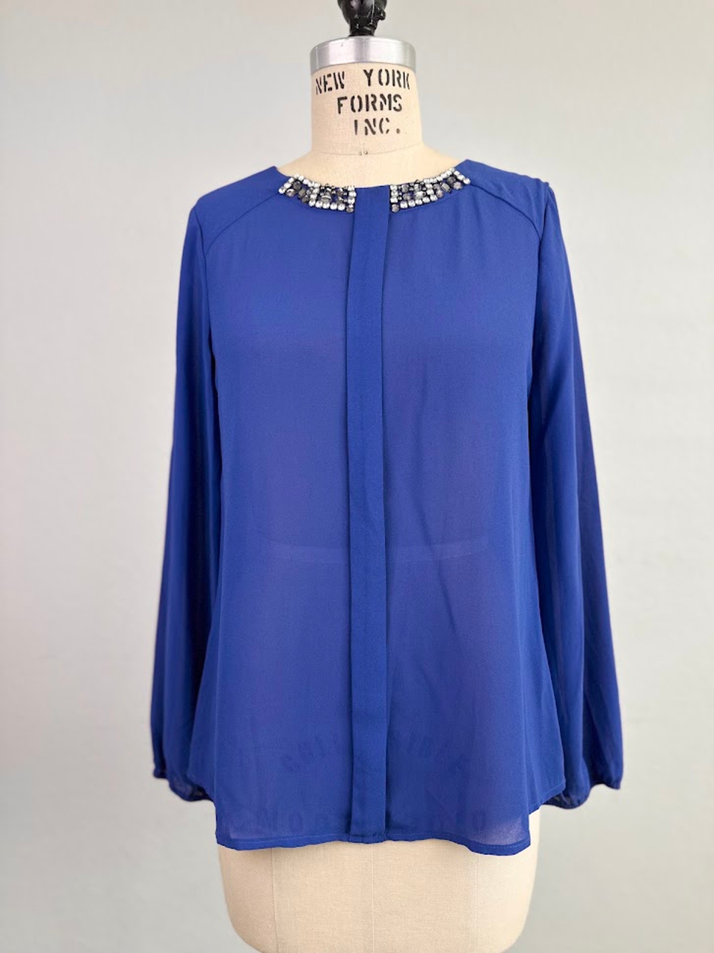 Esley Blue Beaded Neck Chiffon Blouse Long Sleeve Sheer Womens